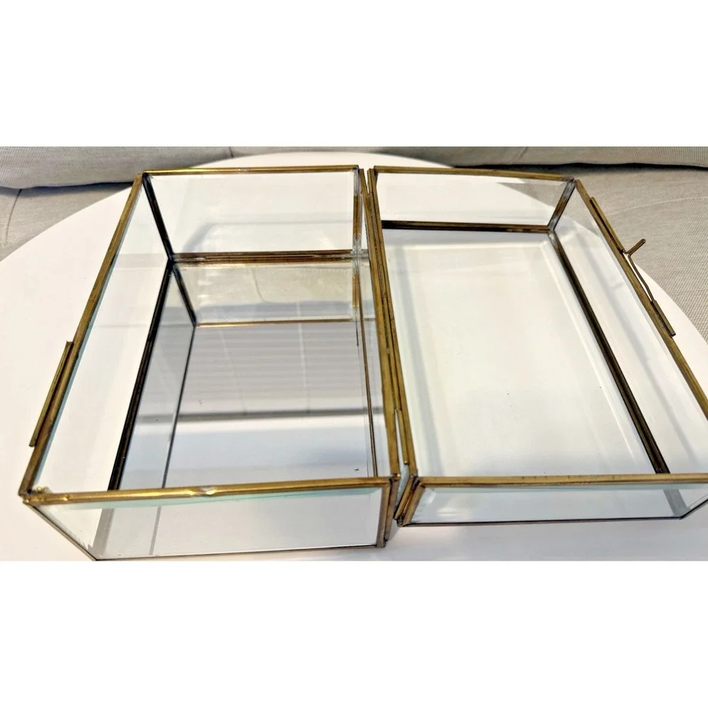 Vintage Enesco Glass Brass Large Curio Trinket Jewelry Box Display